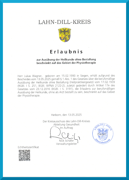Urkunde Heilpraktiker Physiotherapie
